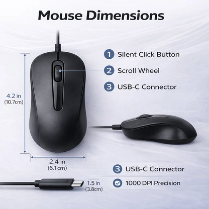 USB C Wired Mouse Silent Click 1000DPI Type-C Mouse For Laptop/Tablet/Phone Compatible with Mac/Windows/Android Plug and Play