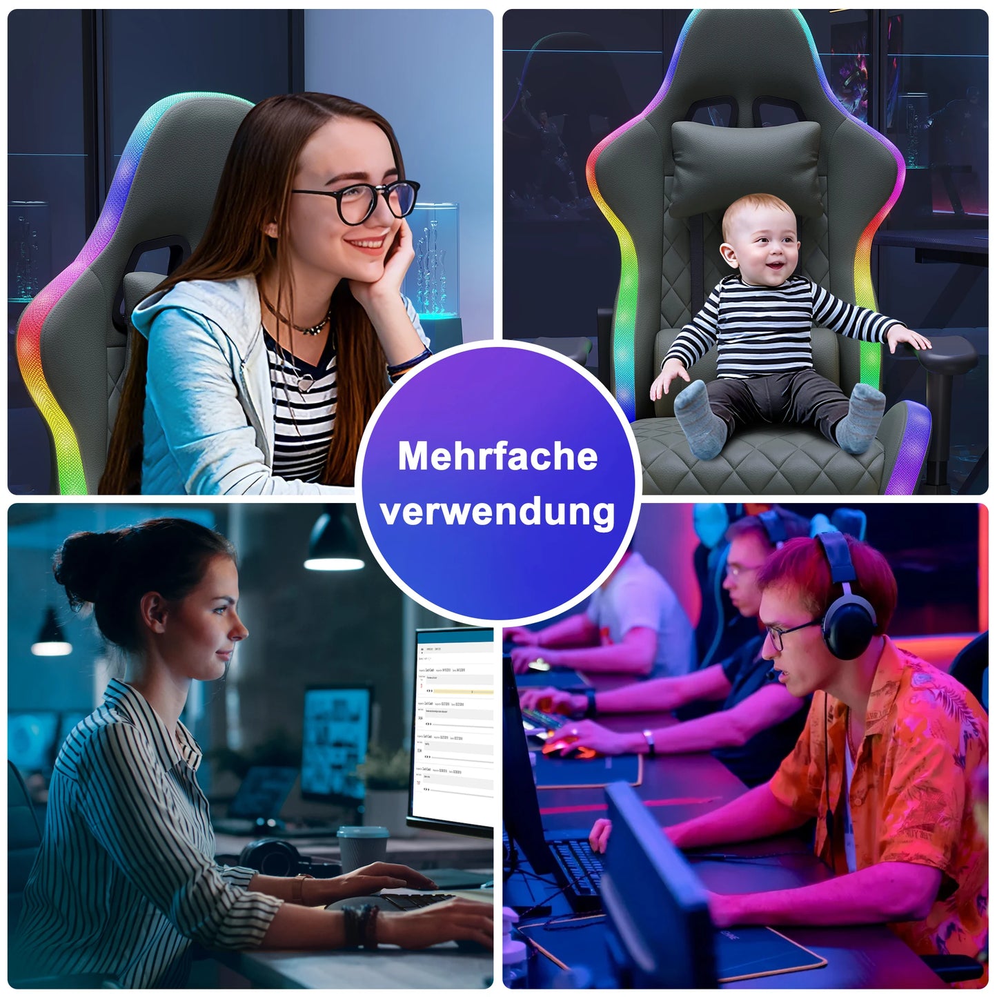 Comanlai Ergonomic Gaming Chair with RGB LED Lights Massage Lumbar Pillow Adjustable Recline Height Game Chair for Office Gaming