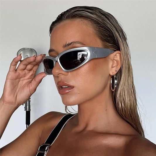 Y2K Wrap Around Sunglasses Fashion Rave Metallic Chrome Space Alien Glasses Futuristic Shades Sports for Women Men