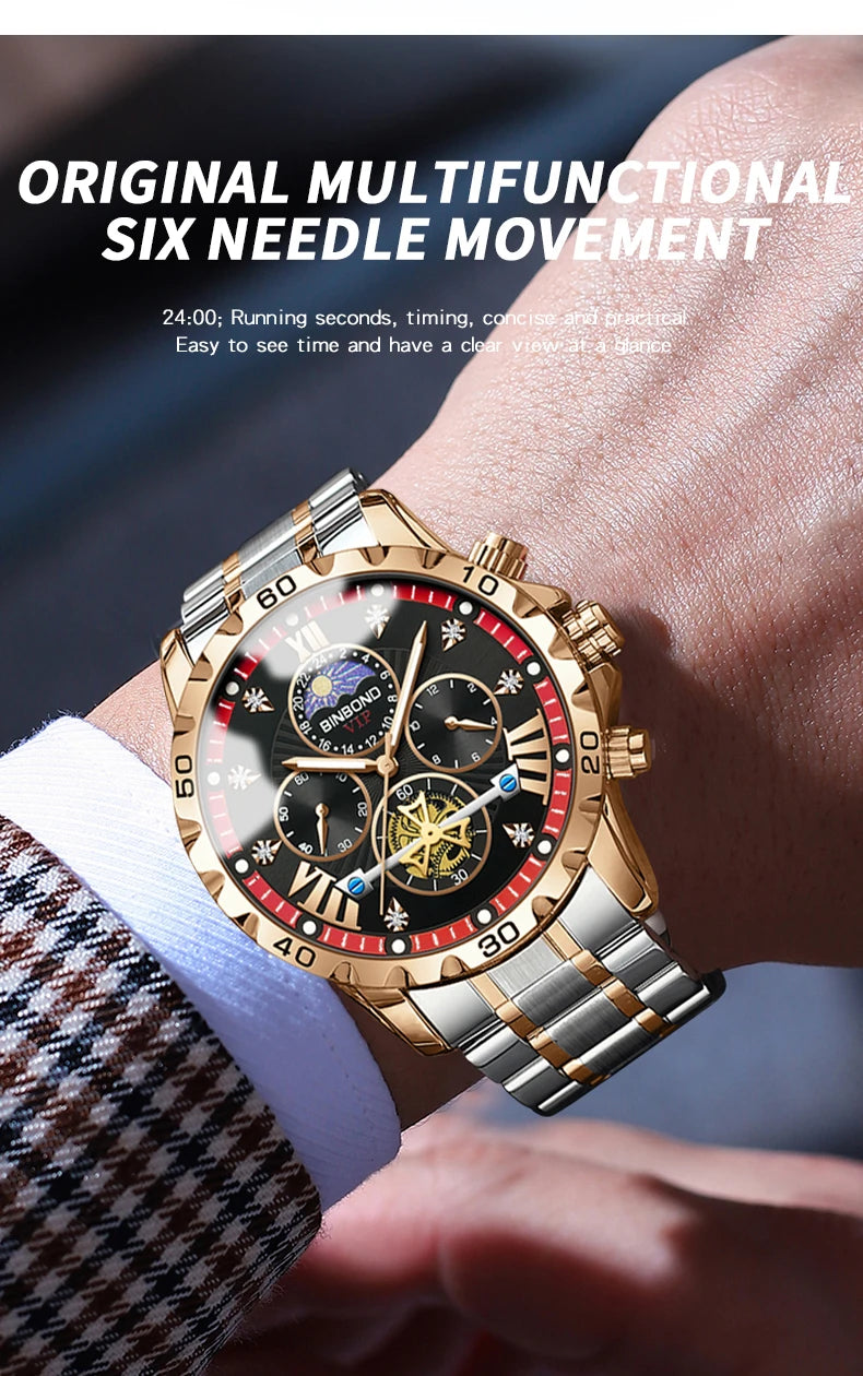 BINBOND quartz watches for men luxury accurate durable watch luminous waterproof chronograph men's watch business watch reloj
