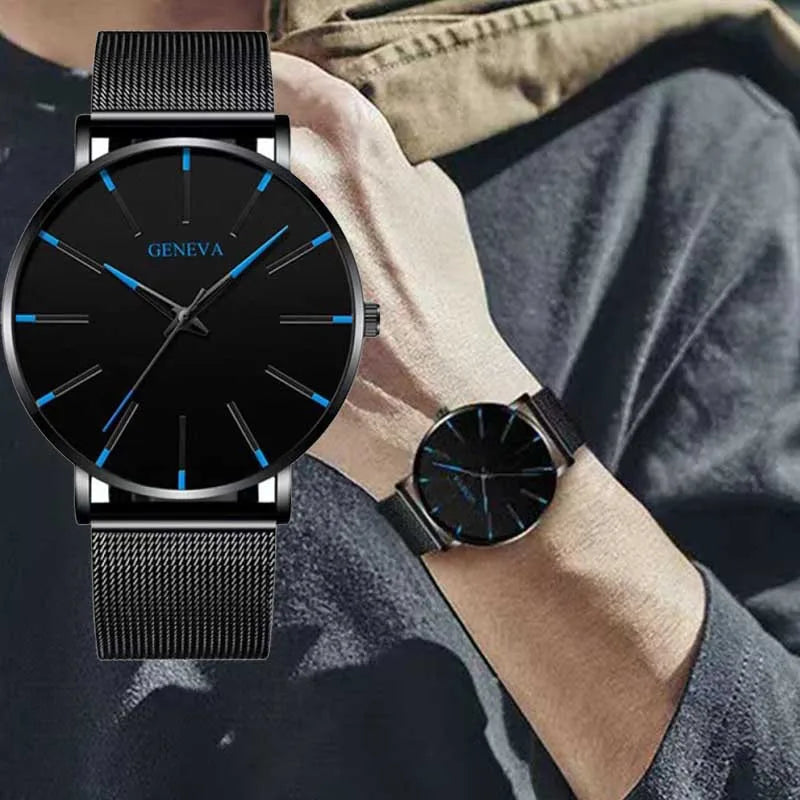 Montre pour homme – Montre à quartz de luxe, style décontracté, fine, bracelet en maille d'acier, étanche, modèle sportif