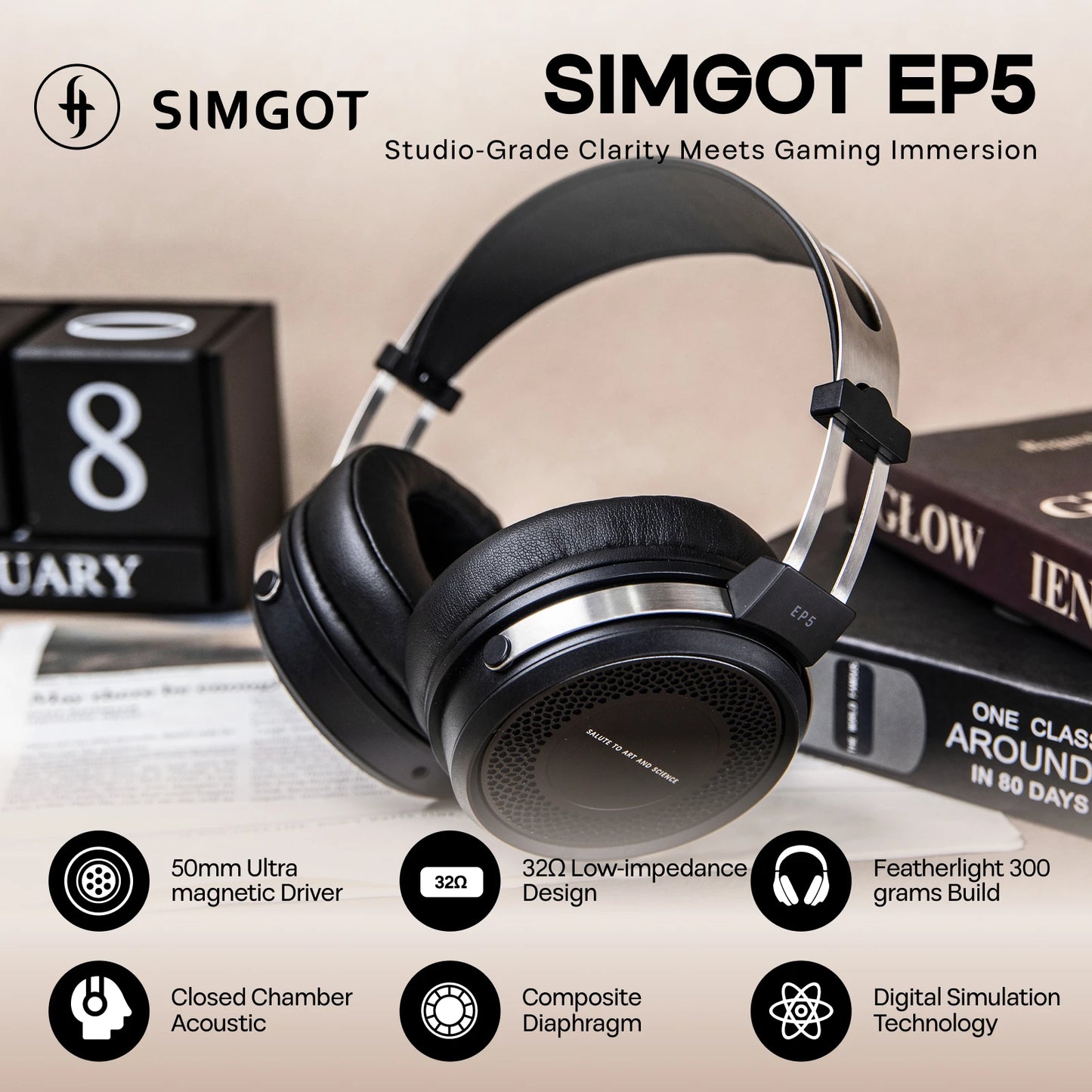 Cuffie cablate SIMGOT EP5 ad alte prestazioni con driver dinamico da 50mm – Headset gaming HiFi, bassa impedenza, alta sensibilità, audio surround 7.1