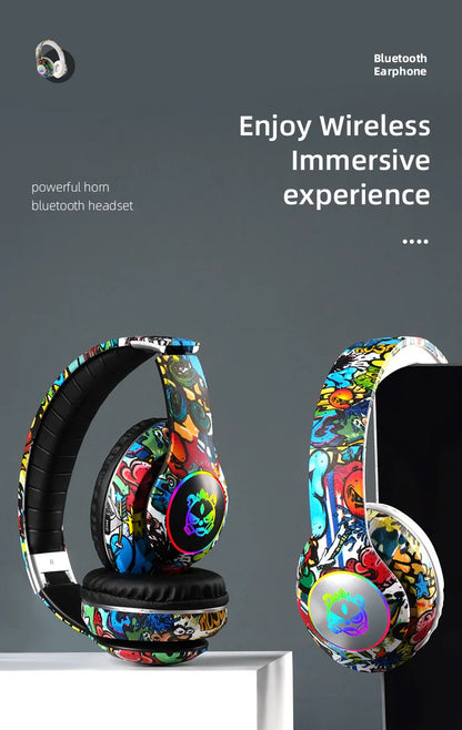 Nuovo headset gaming Bluetooth wireless Graffiti LX-8686 con microfono, luce LED, supporto per scheda TF, bassi profondi e cuffie over-ear per PC, gaming e bambini