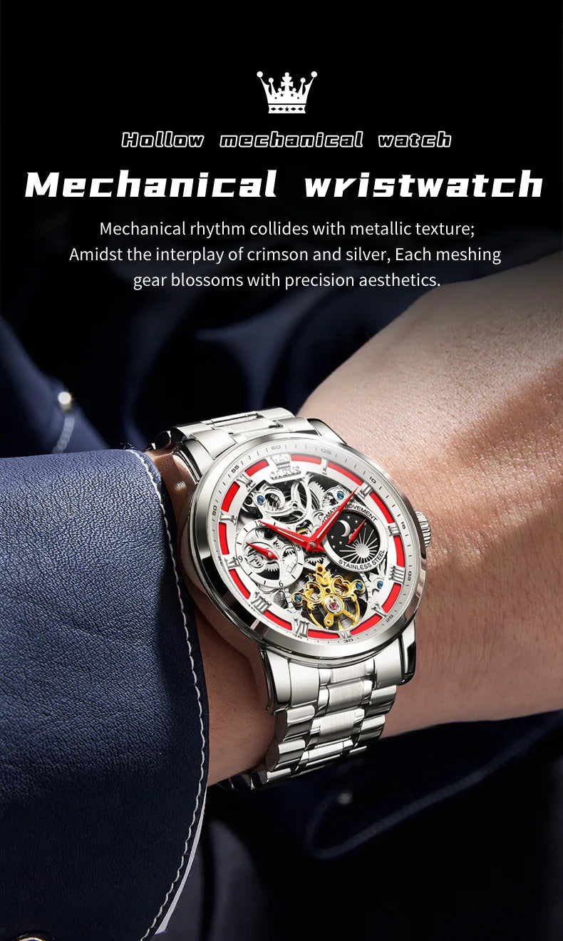 OLEVS 6670 Mens Watch Luxury Brand Skeleton Mechanical Watch Moon Phase Stainless Steel Watches For Man Gifts Box High Quality