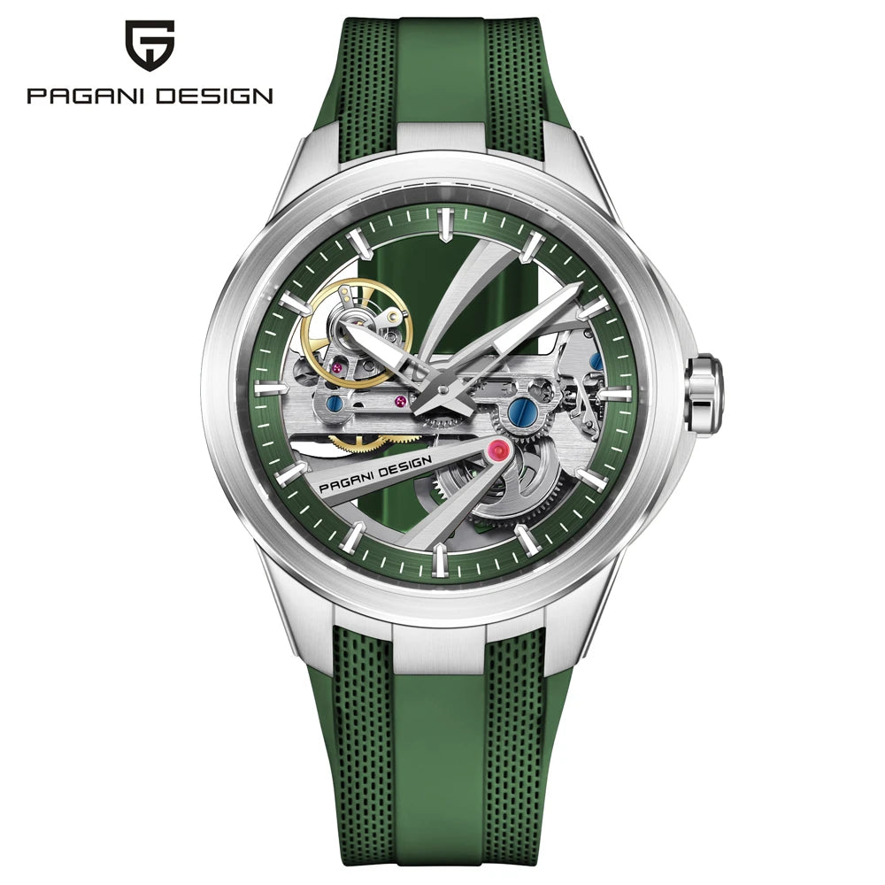 Pánske hodinky PAGANI DESIGN – Luxusný mechanický model s automatickým náťahom, typu „skelet“ (s otvoreným srdcom), vybavený tourbillonom, so zafírovým sklom s antireflexnou úpravou, vodotesné a luminiscenčné.