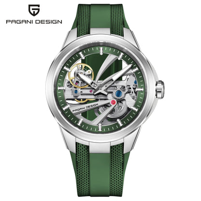 Pánske hodinky PAGANI DESIGN – Luxusný mechanický model s automatickým náťahom, typu „skelet“ (s otvoreným srdcom), vybavený tourbillonom, so zafírovým sklom s antireflexnou úpravou, vodotesné a luminiscenčné.