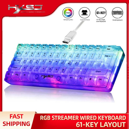 Teclado gaming transparente con cable HXSJ 60%, retroiluminación RGB, ultracompacto, resistente al agua, teclado compacto pequeño de 61 teclas para PC/Mac