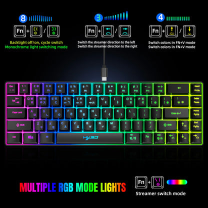 Teclado gaming coreano portátil HXSJ V200 de 68 teclas, 65%, com retroiluminação RGB, com fios, de membrana, para escritório, PC de secretária e computadores portáteis