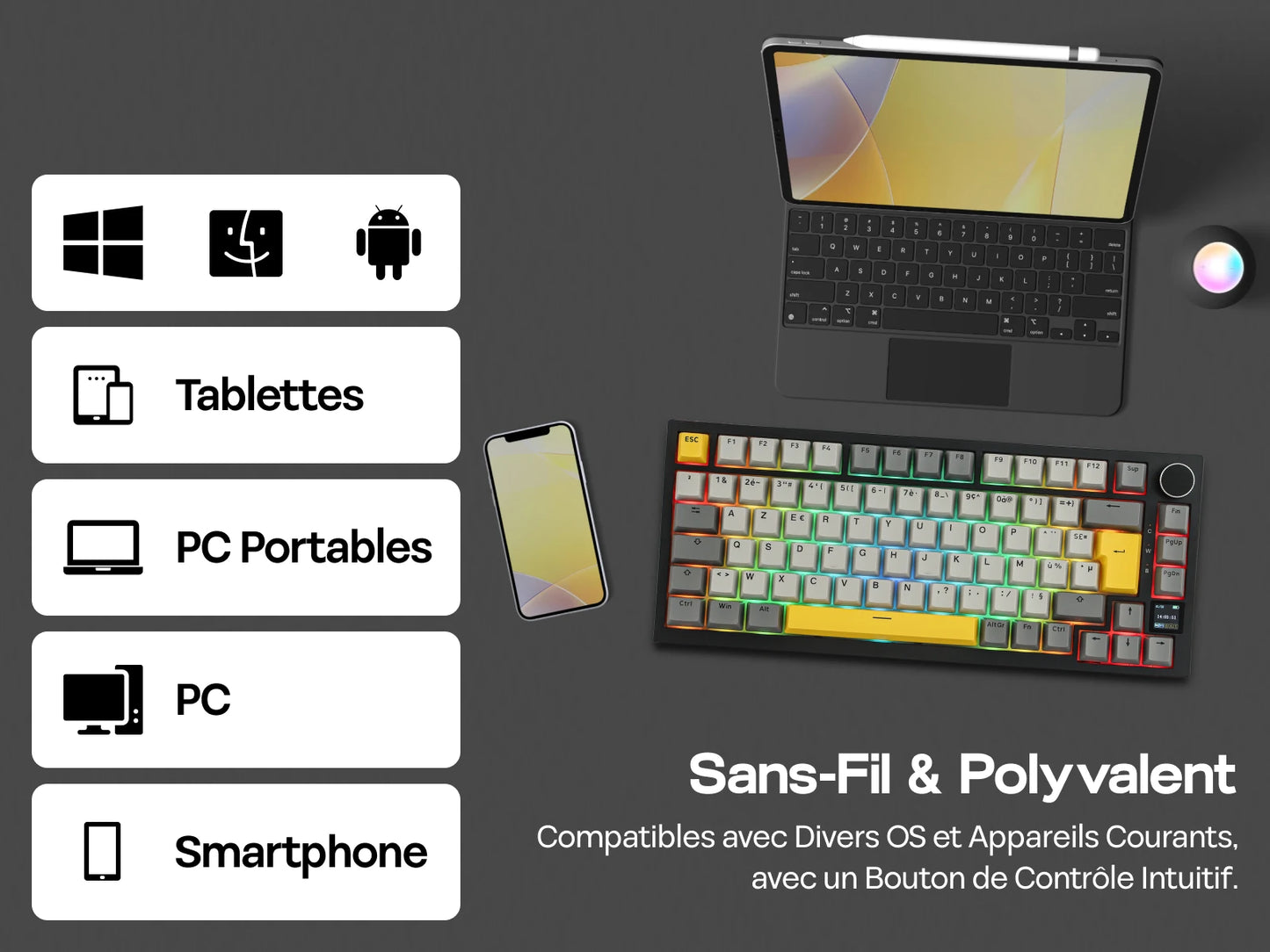 Layout ISO-FR EPOMAKER X AJAZZ AK820 PRO 75% AZERTY Francese Tastiera meccanica hot-swap cablata/BT/wireless 2.4GHz per Win/Mac/PC