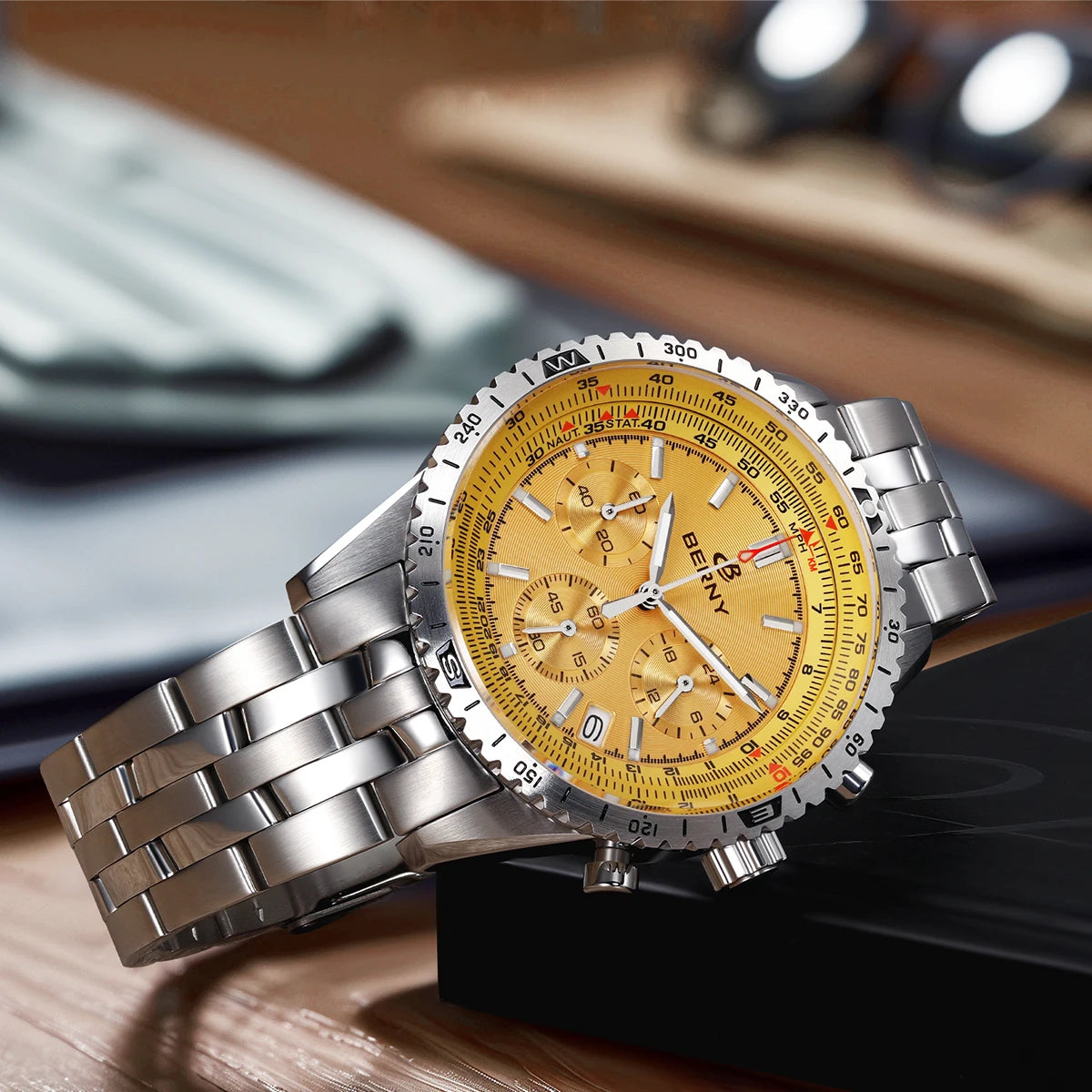Relógio de homem BERNY Aviation – Cronógrafo de quartzo com data, vidro de safira e revestimento ultraluminescente – Relógio elegante de marca de luxo