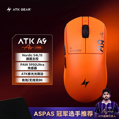 Mouse gaming wireless Bluetooth ATK Dragonfly A9, design ergonomico, risposta rapida, PAW3950 Ultra, 800mAh, leggero, 8KHz, eSport