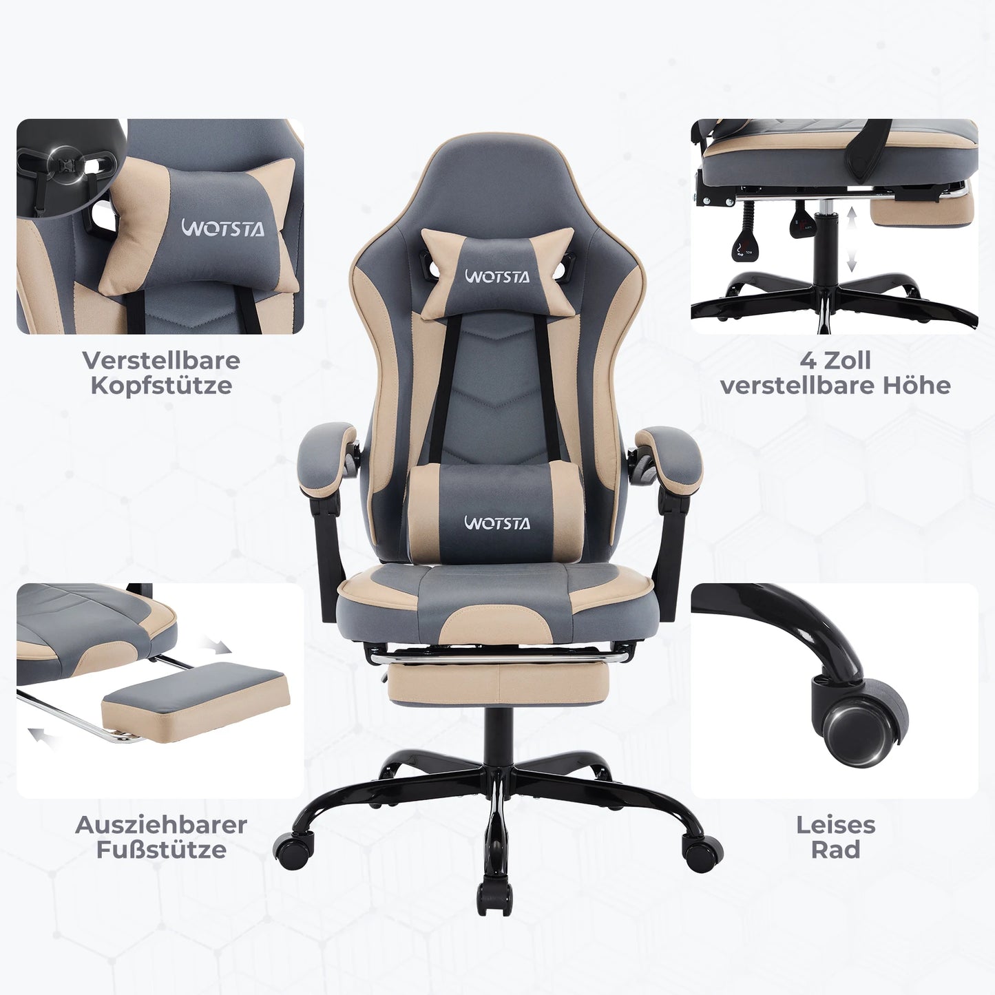 Silla gaming WOTSTA con reposapiés, silla para gamers ergonómica con cojín lumbar, reposacabezas y altura ajustable para ordenador
