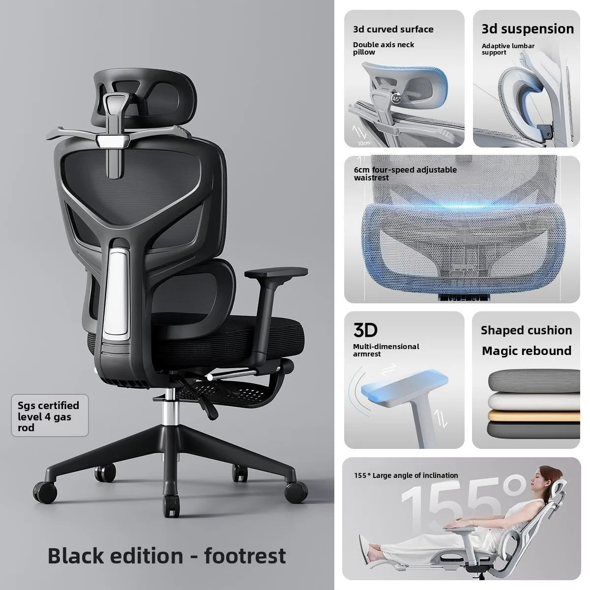 Sedia da ufficio ergonomica regolabile in mesh, sedia da scrivania per computer con schienale alto traspirante, supporto lombare 6D e poggiapiedi retrattile