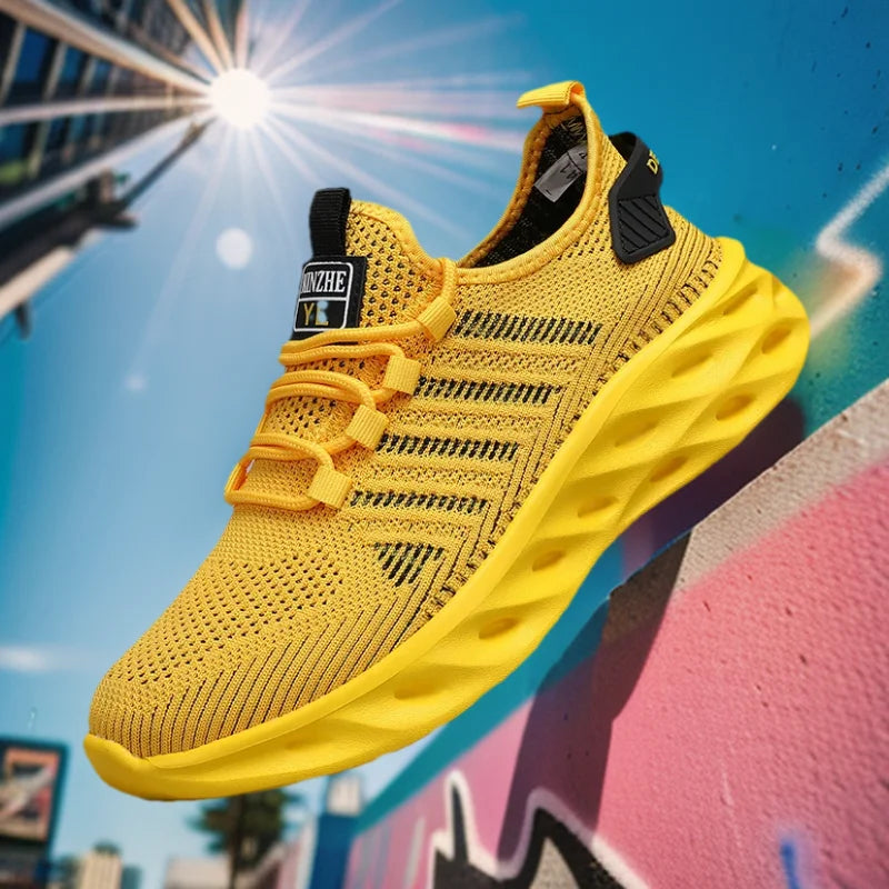 Unisex herresneakers – komfortable, åndbare løbesko til par, kvinder, tennis og sport, størrelse 37-47, gule vandresneakers