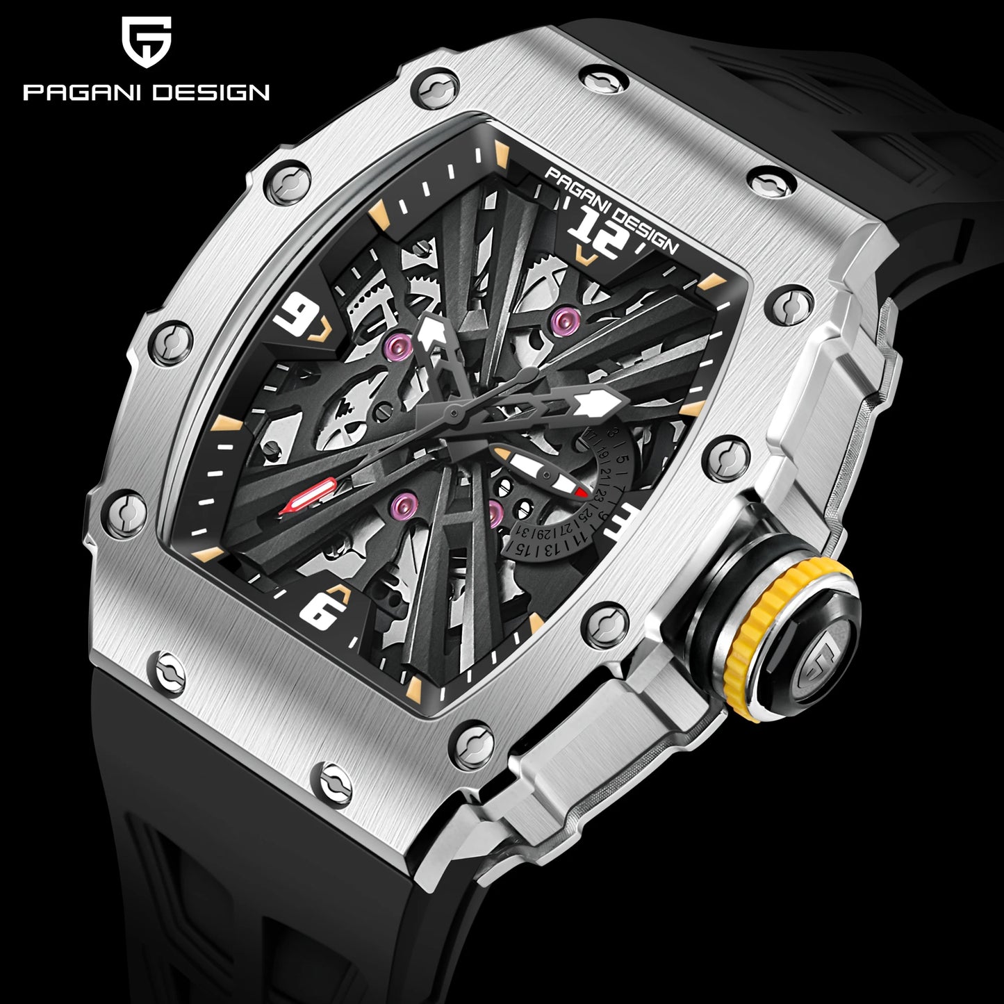 Orologio da uomo PAGANI DESIGN 2026 New al quarzo, movimento VH65, quadrante scheletrato, impermeabile 100M, sportivo rettangolare, vetro zaffiro