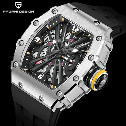 Orologio da uomo PAGANI DESIGN 2026 New al quarzo, movimento VH65, quadrante scheletrato, impermeabile 100M, sportivo rettangolare, vetro zaffiro