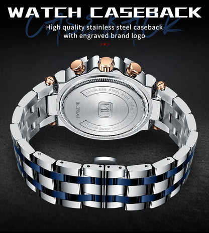 MINI FOCUS Black Stainless Steel Quartz Watch Men Fashion Luminous Dress Wristwatch with Date 24-hour Display Chronograph 0470