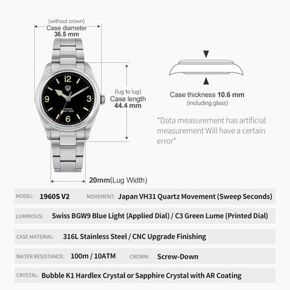 Watchdives WD1960S V2 36.5mm Quartz Watch VH31 Sweep Seconds Vintage Style Sapphire Crystal BGW9 Lume 100M Waterproof Steel