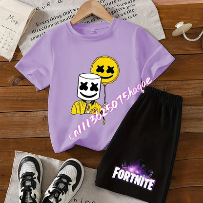 Conjunto de verano Fortress Night de camiseta y pantalones cortos para niños y niñas, 2 piezas, ropa infantil con camiseta estampada, regalo