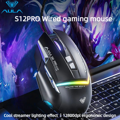 Mouse meccanico cablato AULA S12Pro 1000HZ 12800DPI RGB a bassa latenza con macro personalizzabili, mouse da gaming esports, accessori per PC gamer
