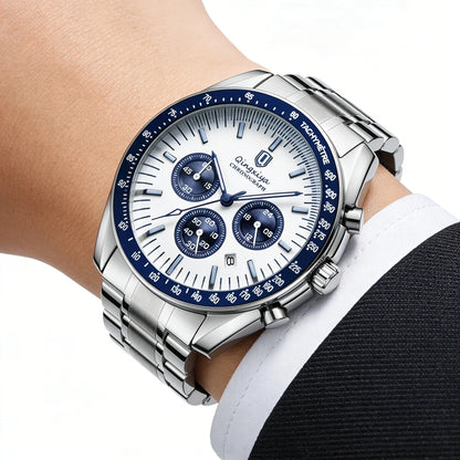 Relógio de quartzo para homem, de marca de luxo, estanque e luminescente, em aço inoxidável, equipado com um cronógrafo de 24 horas e um indicador de data – Relógio elegante para homem