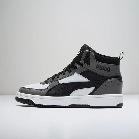 Baskets basses décontractées Puma Rebound Joy, offrant un maintien optimal, une coupe ajustée, une grande durabilité, un confort et un amorti (unisexe), en gris et noir, modèle 387875-01.