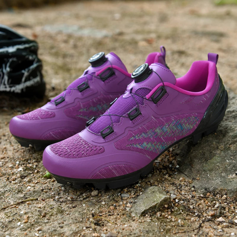 Zapatillas de ciclismo MTB para hombre y mujer T03 moradas, transpirables, de velocidad, con autocierre, para ciclismo de carretera, deporte al aire libre, competición y entrenamiento