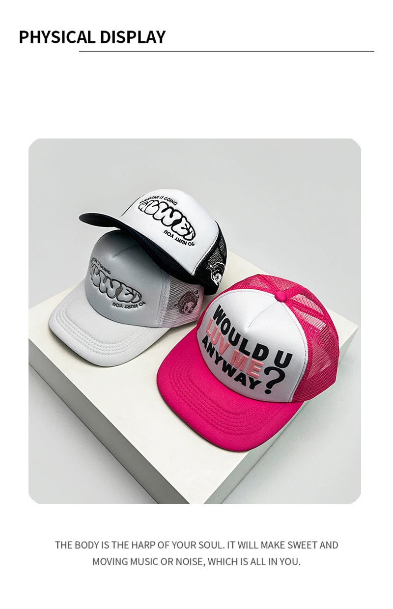 Gorras de béisbol unisex nuevas con bloques de color, letras estampadas y bordadas, estilo hip hop, malla transpirable, visera para el sol, tipo trucker streetwear, versátiles