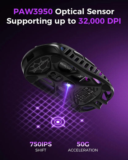 GravaStar Mercury X Wireless Gaming Mouse with PAW 3950 Sensor, 32,000 DPI, 1000Hz Polling Rate, 49g Ultra-Light Magnesium Gaming Mouse