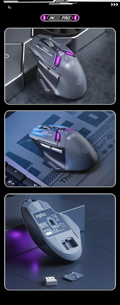 Inphic IN9PRO belaidė žaidimų pelė, 26000DPI, 8K apklausos dažnis, Bluetooth 5.0, laidinė, 2.4G, trijų režimų RGB ergonominė žaidimų pelė