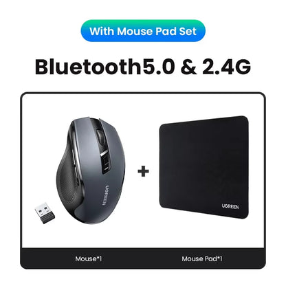 UGREEN bežični miš Bluetooth 5.0, ergonomski miš 4000DPI, 6 tihih tipki, miš za MacBook, tablet, prijenosna računala, računalo PC, 2.4G miševi