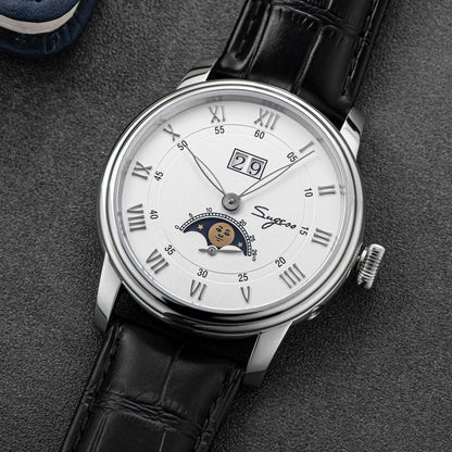 Sugess Moonphase Watch of Men 40mm Automatic Mechanical Wristwatches Seagul ST2528 Movement Stainless Steel Blue Sandstone Dial