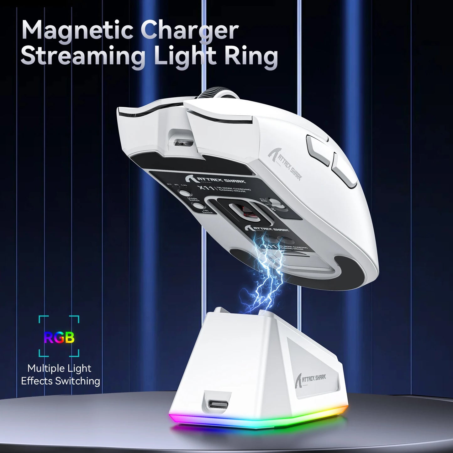 Ratón inalámbrico Attack Shark X11&R1 Tri Mode Bluetooth con base de carga RGB, ergonómico y ligero, accesorio para PC gamer