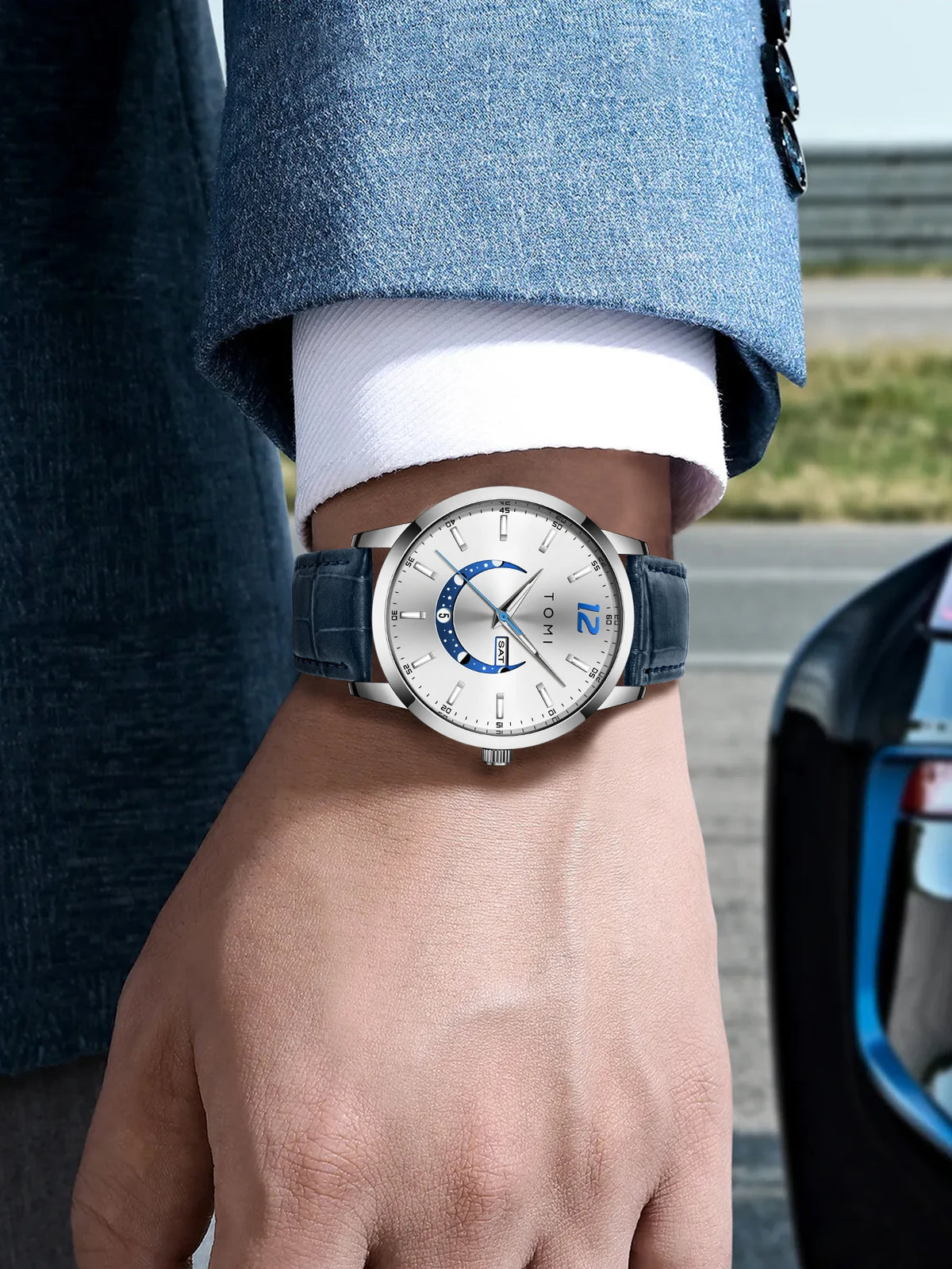 Relógio de quartzo TOMI, estilo empresarial e elegante, com bracelete em pele, caixa em liga metálica e mostrador com ponteiros – Design de alta qualidade, ideia de presente para homem