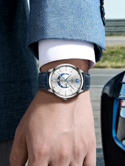 Relógio de quartzo TOMI, estilo empresarial e elegante, com bracelete em pele, caixa em liga metálica e mostrador com ponteiros – Design de alta qualidade, ideia de presente para homem