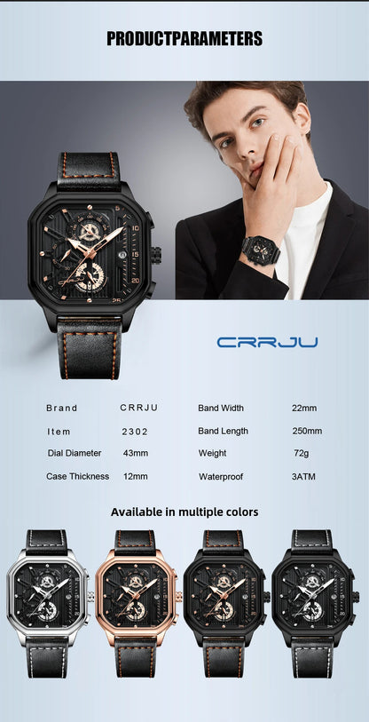 CRRJU Fashion Square Dial Leather Mens Watches Luxury Sport Waterproof Watch Man Chronograph Quartz WristWatches Homme+Box