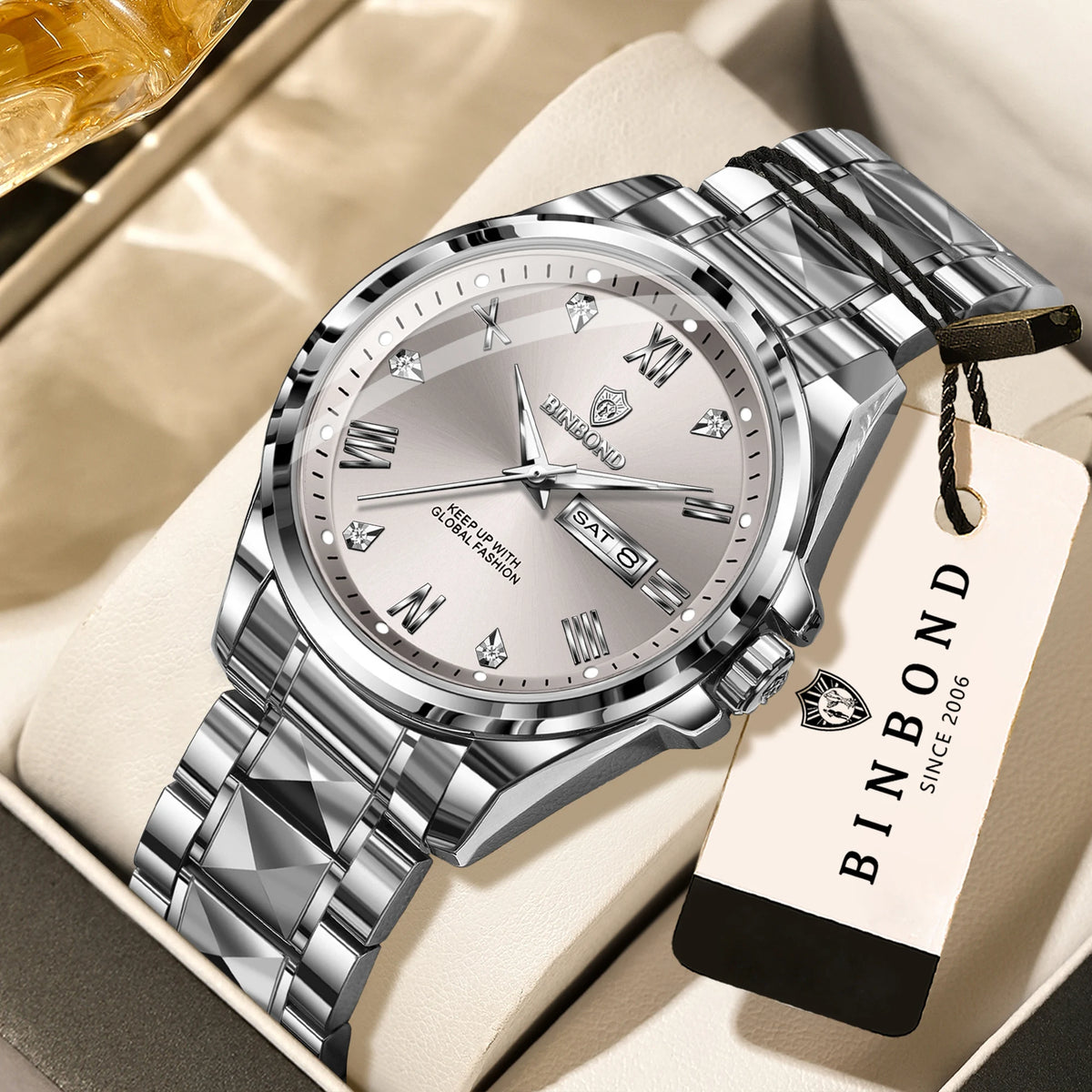 Relógio de pulso de quartzo para homem BINBOND – Estilo profissional, luxuoso, luminoso, robusto e duradouro, estanque, com indicação automática da data e do dia da semana.