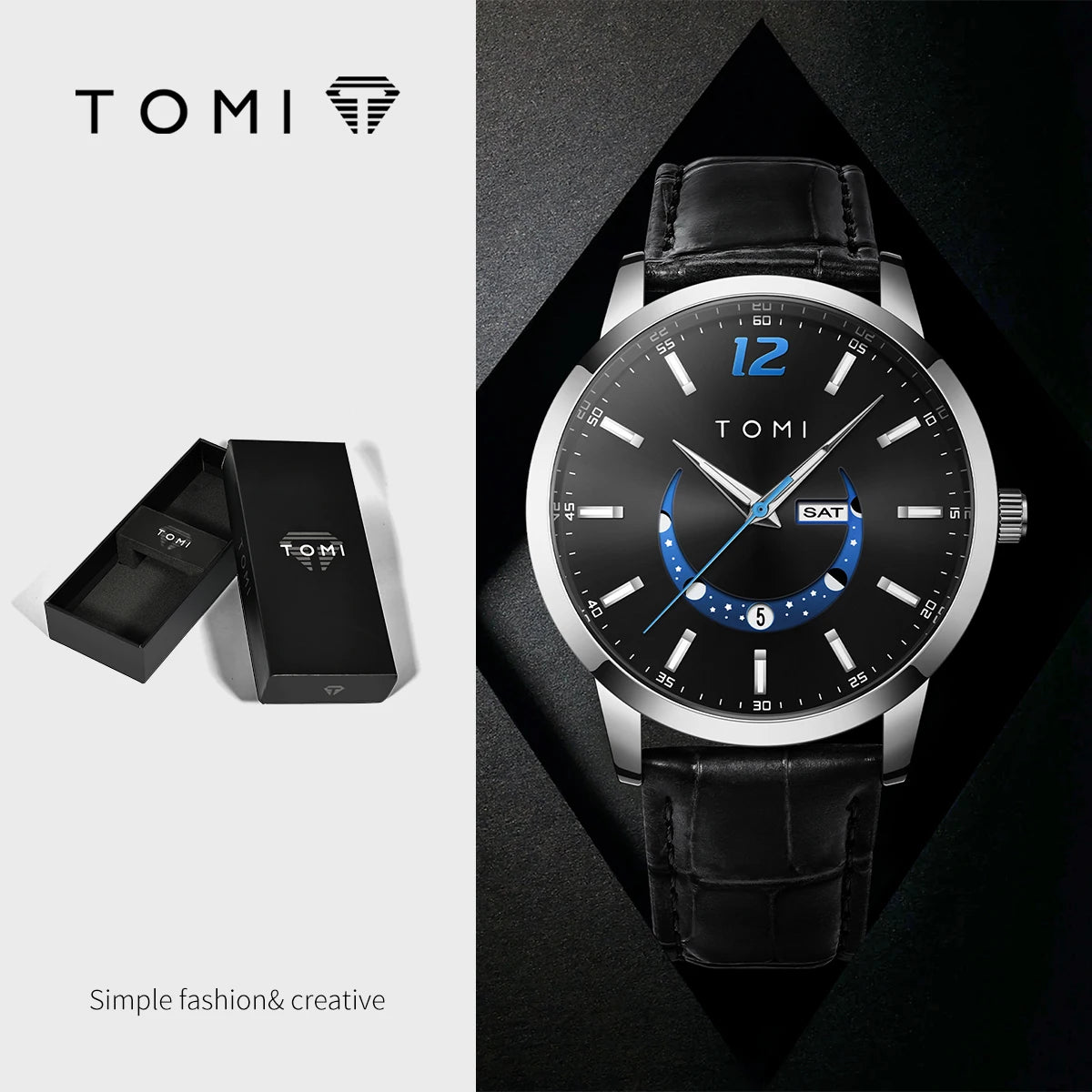 Relógio de quartzo TOMI, estilo empresarial e elegante, com bracelete em pele, caixa em liga metálica e mostrador com ponteiros – Design de alta qualidade, ideia de presente para homem