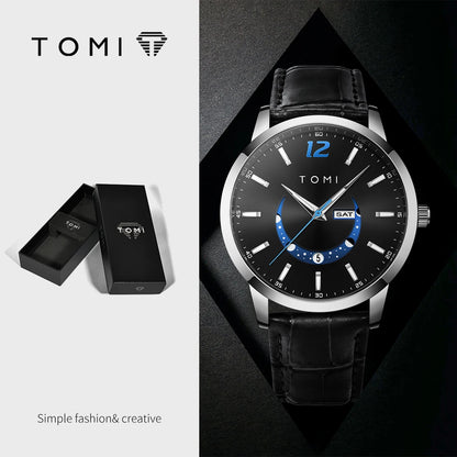 Relógio de quartzo TOMI, estilo empresarial e elegante, com bracelete em pele, caixa em liga metálica e mostrador com ponteiros – Design de alta qualidade, ideia de presente para homem