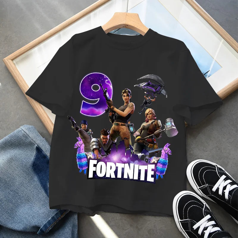 Camiseta infantil de cumpleaños Fortnite con número para niñas y niños, ropa de verano, camiseta de algodón para bebé, tops de manga corta para fiesta, regalo para niños pequeños