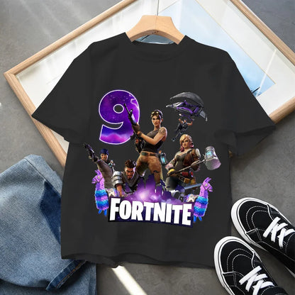 Camiseta infantil de cumpleaños Fortnite con número para niñas y niños, ropa de verano, camiseta de algodón para bebé, tops de manga corta para fiesta, regalo para niños pequeños