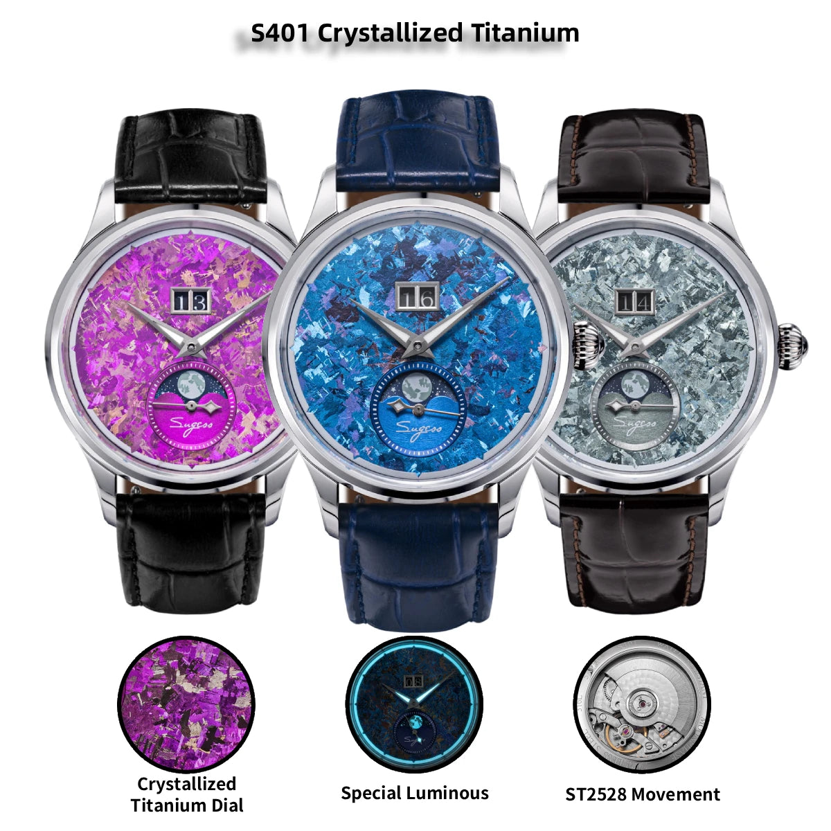 Sugess Watch of Men Moonphase ST2528 Movement Automatic Mechanical Wristwatches Waterproof Sapphire Crystal Titanium Dial S401