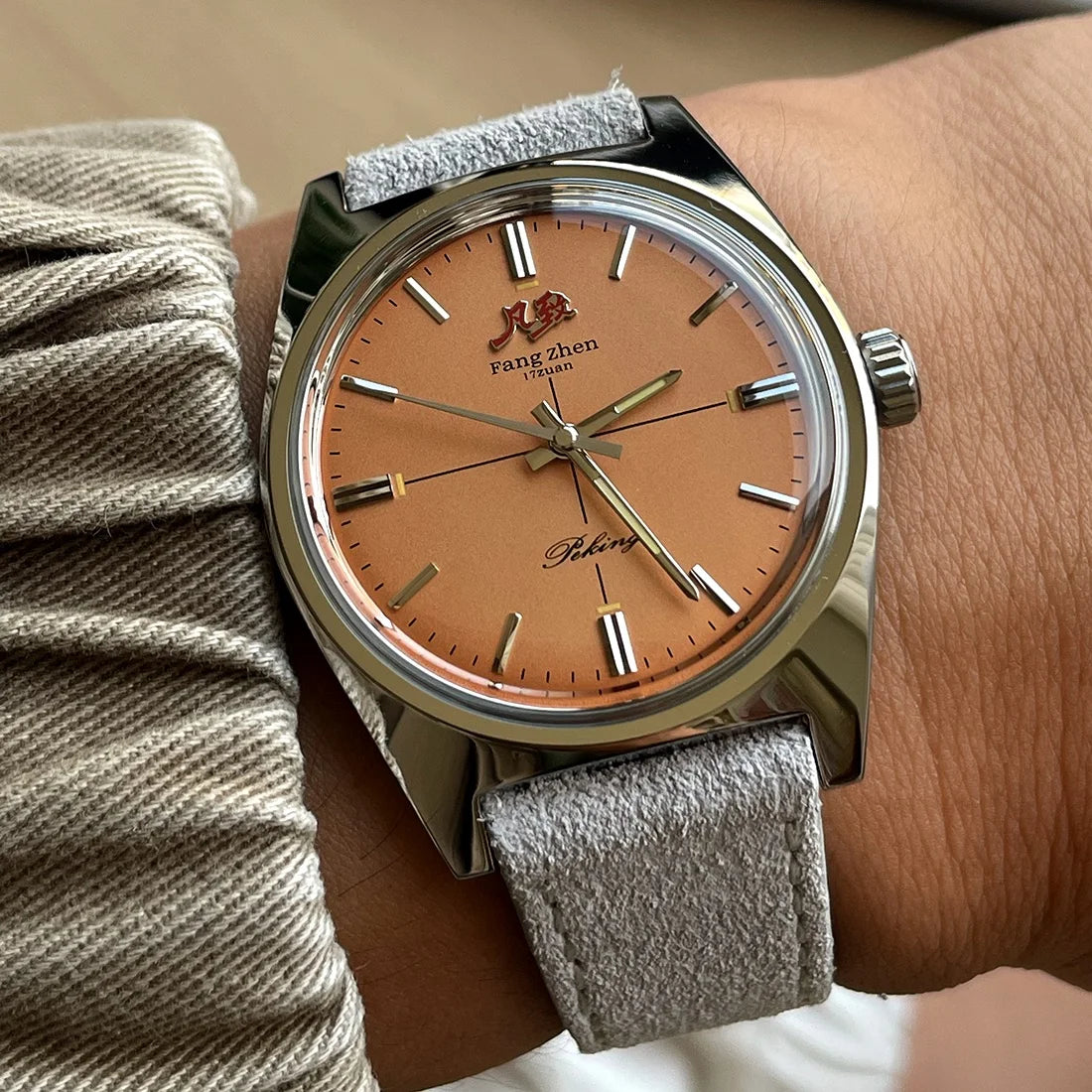 Merkur Watch Salmon Dial Watch Metal Vintage Classic Crosshair Watches Handwind Mechanical Watch for Men Relogio Masculino 36mm