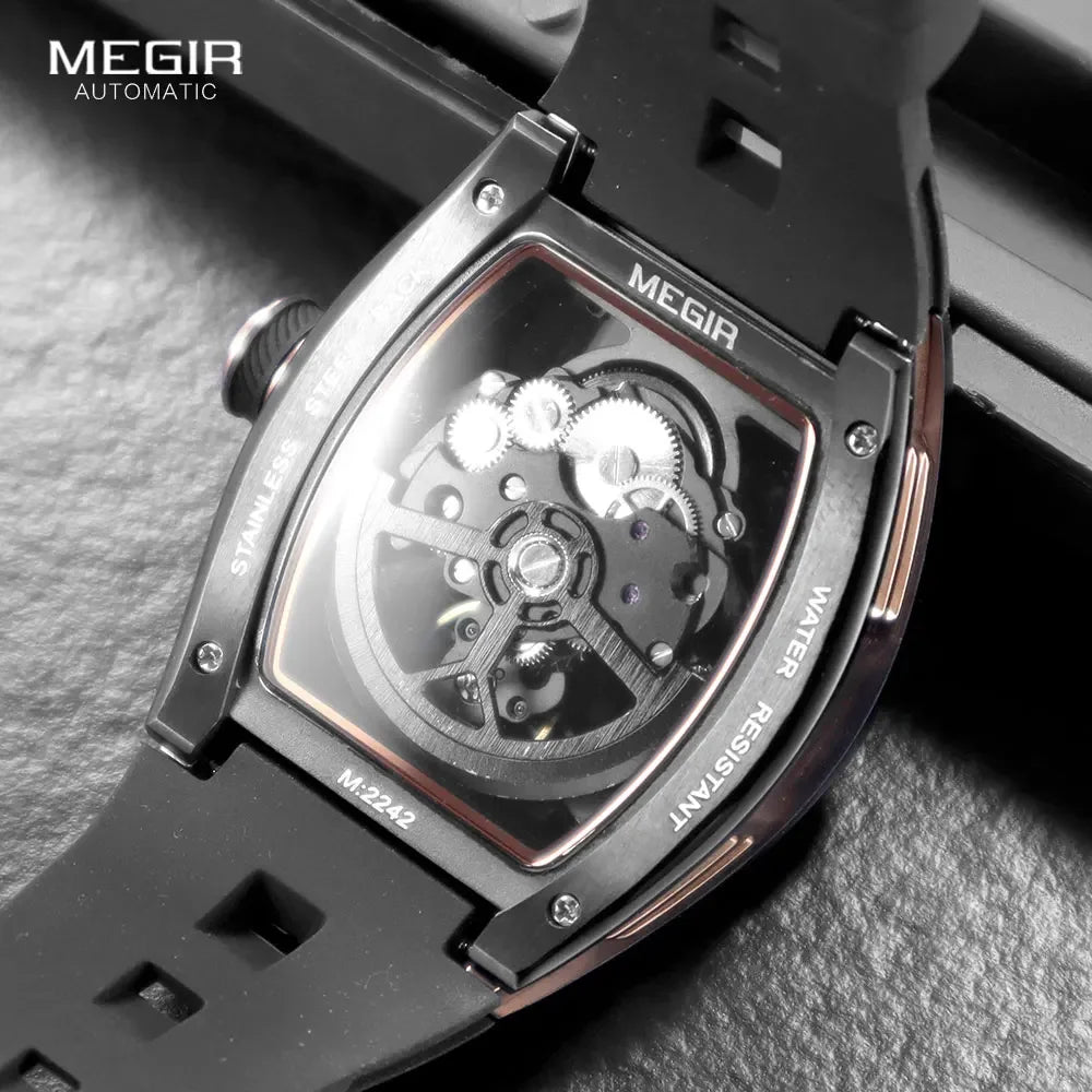 Orologio da polso automatico MEGIR da uomo, fashion, cinturino in silicone nero, impermeabile, luminoso, sportivo, meccanico, con quadrante tonneau 2242