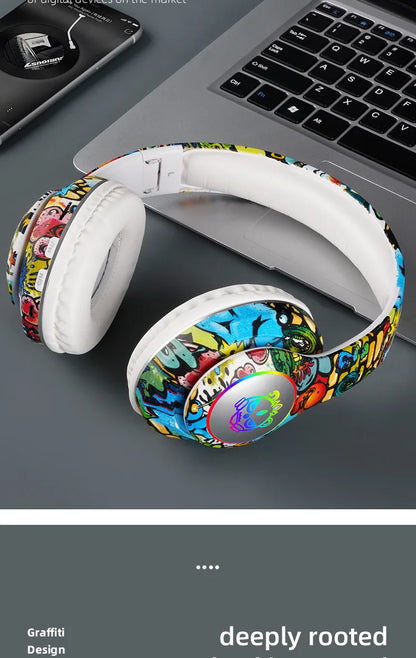 Nuovo headset gaming Bluetooth wireless Graffiti LX-8686 con microfono, luce LED, supporto per scheda TF, bassi profondi e cuffie over-ear per PC, gaming e bambini