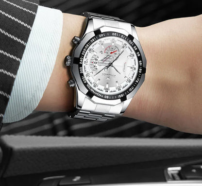 Armbandsur för män, i militär-, casual- eller sportstil, med kvartsverk, från ett prestigefyllt varumärke, helt i stål, vattentätt