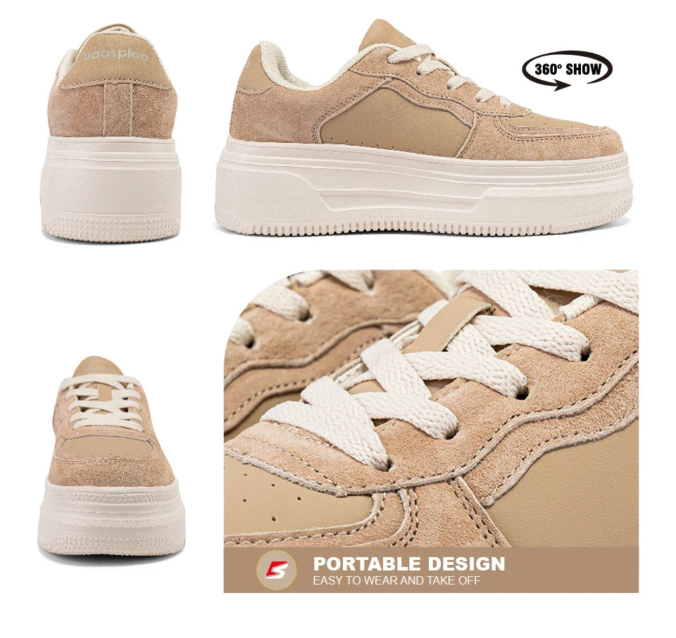 Baasploa Women Platform Sneakers Fashion Leather Casual Thick Soled Shoes for Women Comfort White Skateboarding Shoes Non-Slip