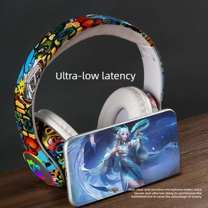 Nuovo headset gaming Bluetooth wireless Graffiti LX-8686 con microfono, luce LED, supporto per scheda TF, bassi profondi e cuffie over-ear per PC, gaming e bambini
