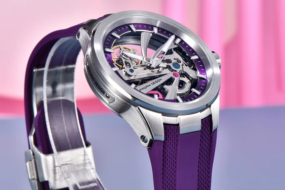 Pánske hodinky PAGANI DESIGN – Luxusný mechanický model s automatickým náťahom, typu „skelet“ (s otvoreným srdcom), vybavený tourbillonom, so zafírovým sklom s antireflexnou úpravou, vodotesné a luminiscenčné.