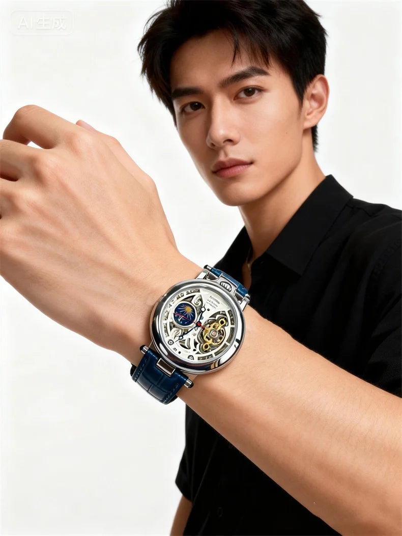  Top Luxury Moon Phase Men's Watches Original Mechanical Leather Men Clock Date Week Hollow Tourbillon Automatic Man Watch